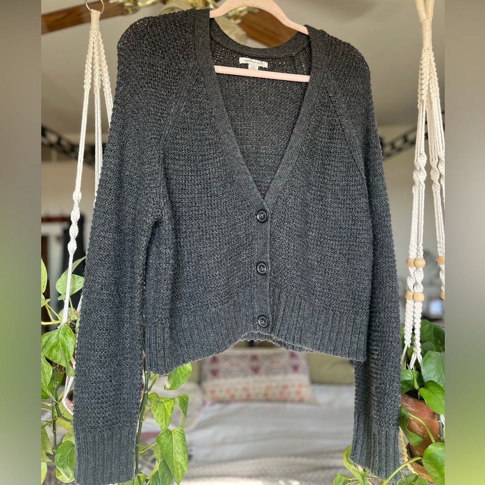 American Eagle Charcoal Cropped Button Front Cardigan